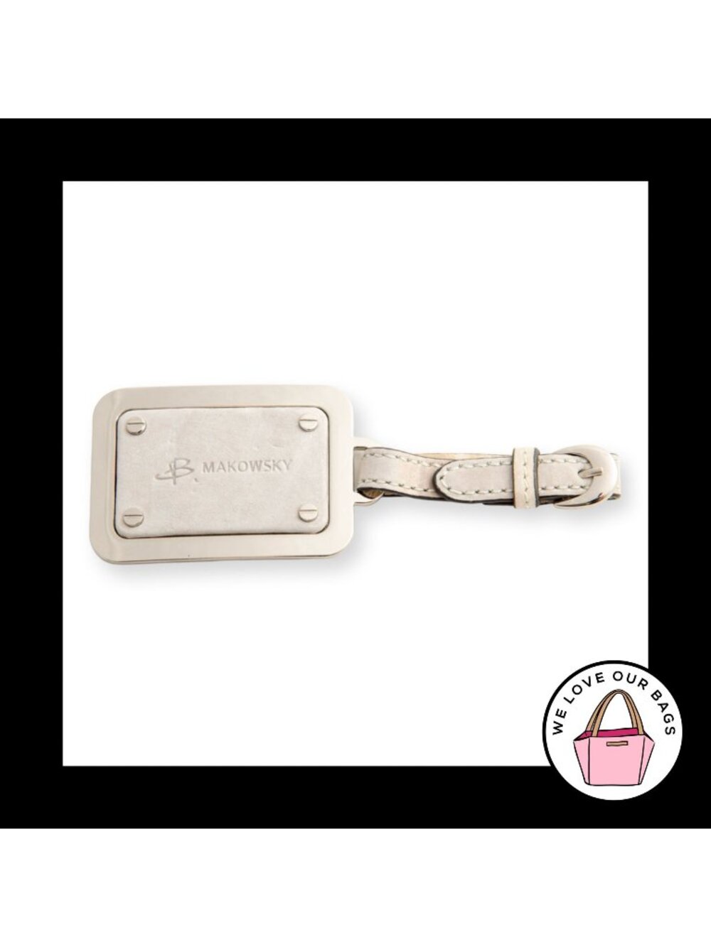 B. MAKOWSKY Bag Charm Silver Metal & Leather Buckle Strap Hang Tag Keychain Fob